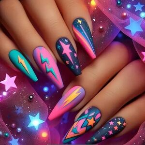 Designer 24Pcs Long Ballet-Shaped Mixed Color Lightening & Star Design-Matte